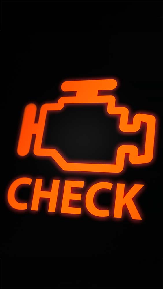 Check engine light warning icon illuminated on a vehicle dashboard indicating a potential issue.