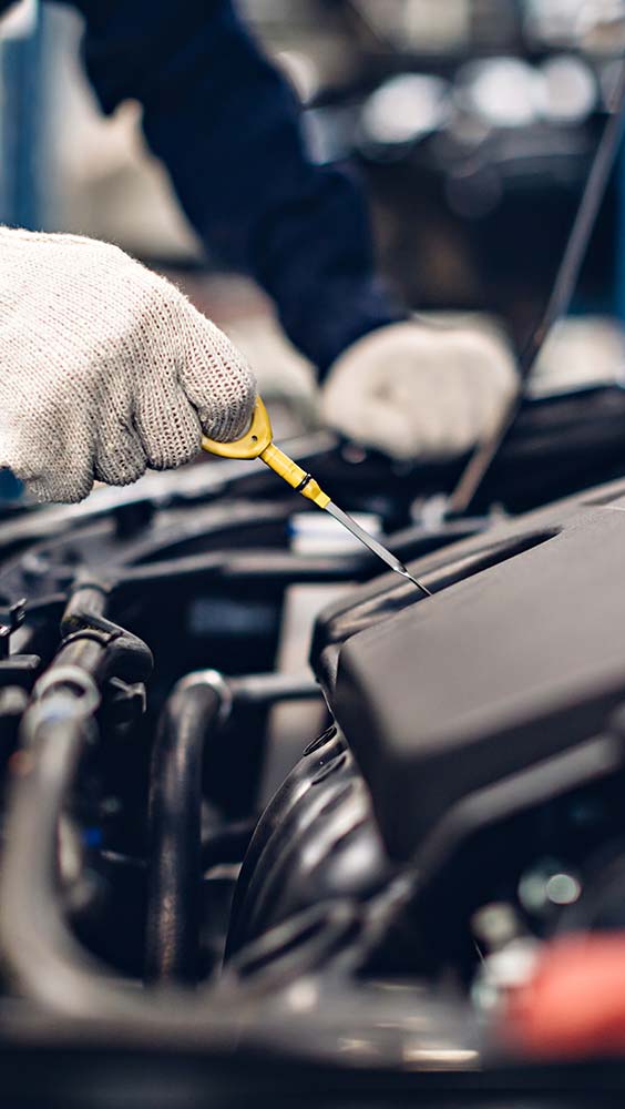 Oil change and fluid service with a technician checking engine oil level using a dipstick.